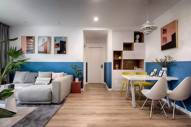 87㎡自然简约风小两居装修效果，蓝白配色赋予整个空间明媚和轻松的气息